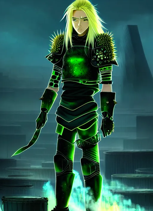 Image similar to a striking cinematic full body manga portrait of a male warrior with long blonde hair and blue eyes wearing evil green spiked cyberpunk armour and standing in the desolate burning ruins of a futuristic city by hirohiko araki and beeple, fine details, digital art, character concept art, volumetric lighting, cinematic light, photorealistic