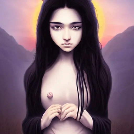 Image similar to a young priest with long black hair, fair skin like porcelain, dark melancholic eyes, stunning beautiful. digital art. very detailed. fantasy. sunset.