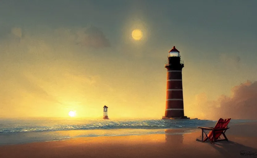 Image similar to painting of a beach chair at sunset with a lighthouse in background, natural light, concept art, by greg rutkowski, cozy atmospheric and cinematic lighting