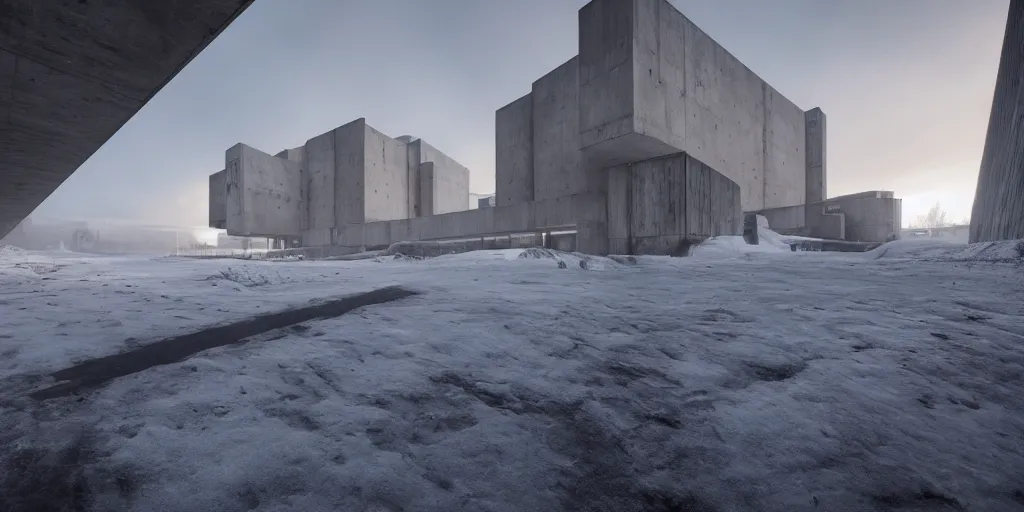 Image similar to brutalist architecture, trending on artstation, 4 k, tyndall effect, snow day ， cinematic ， ultra wide angle