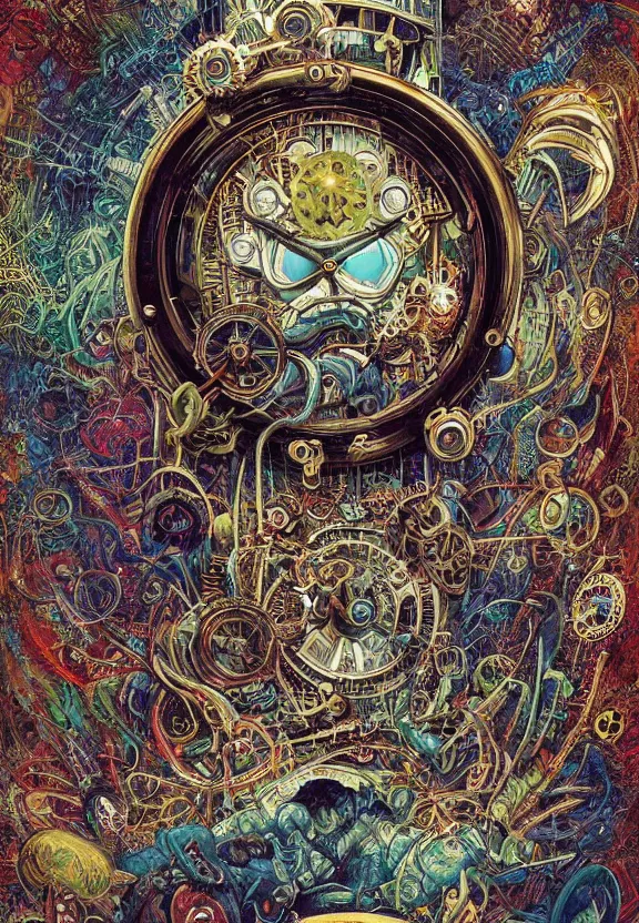 Image similar to simplicity, elegant, muscular eldritch clockwork, machinery, industry, radiating, colorful mandala, psychedelic, overgrown garden environment, by ryan stegman and hr giger and esao andrews and maria sibylla merian eugene delacroix, gustave dore, thomas moran, pop art, street art, graffiti, saturated