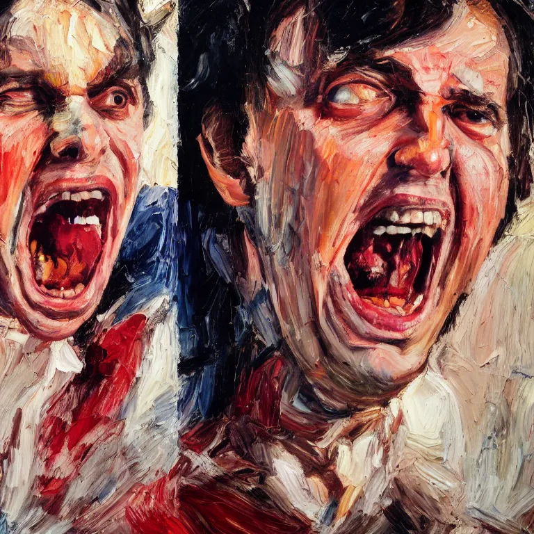 Prompt: warmly lit close up studio portrait of young angry! screaming Paul McCartney in 1965 furious!, impasto oil painting thick brushstrokes by Lucian Freud and Cy Twombly and Tim Hawkinson , trending on artstation dramatic lighting Expressionism