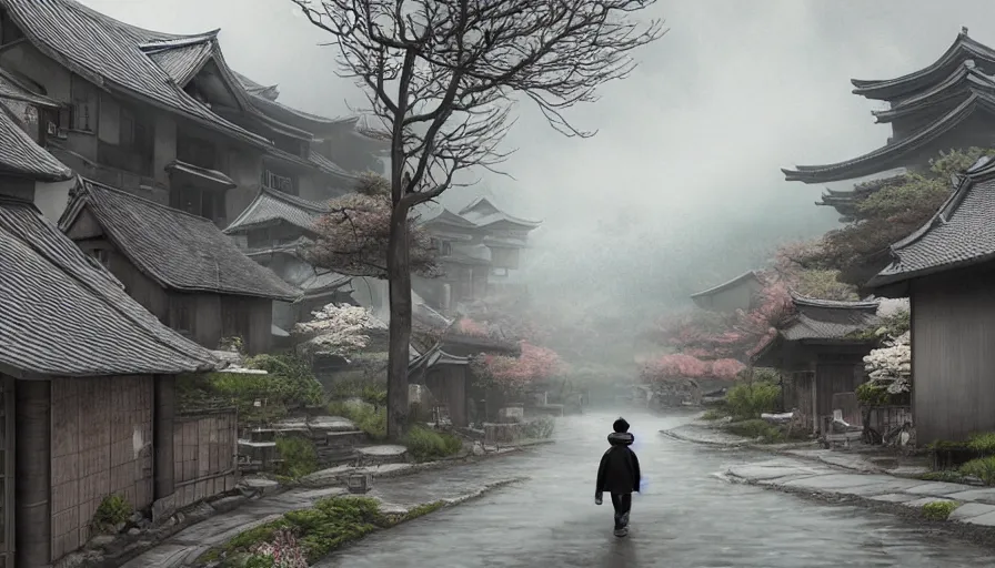 Prompt: Grey cat walking in a small Japanese village during a cloudy sunny day, hyperdetailed, artstation, cgsociety, 8k