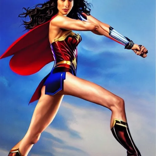 Prompt: A wide angle shot of Gal Gadot as Wonder Woman with athletic body, painting by Alex Ross