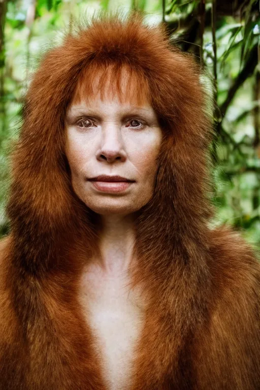 Image similar to a professional portrait photo of a neanderthal woman in the tropical jungles, ginger hair and fur, extremely high fidelity, natural lighting, national geographic magazine cover.