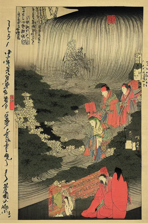 Image similar to the painting'hatsuhana doing penance under the tonosawa waterfall'by utagawa kuniyoshi turned into a 3 d model