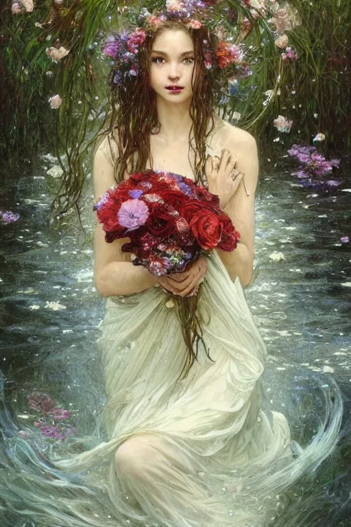 Image similar to portrait of a beautiful mysterious drenched woman holding a bouquet of flowing flowers, drenched clothing, wet dripping long hair, hands hidden under the bouquet, emerging from the water, fantasy, regal, intricate, by stanley artgerm lau, greg rutkowski, thomas kindkade, alphonse mucha, loish, norman rockwell