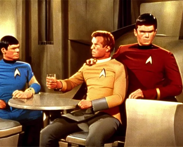 Prompt: tv still, star trek, captain kirk and doctor mccoy drunk, sitting at the bar, 1968, cdx