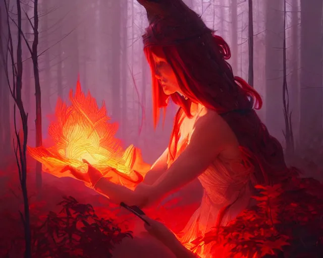 Image similar to red forest, fire, deep focus, d & d, fantasy, intricate, elegant, highly detailed, digital painting, artstation, concept art, matte, sharp focus, illustration, hearthstone, art by artgerm and greg rutkowski and alphonse mucha