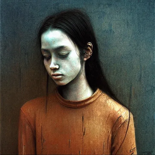 Prompt: 15 years old girl, painting by Beksinski