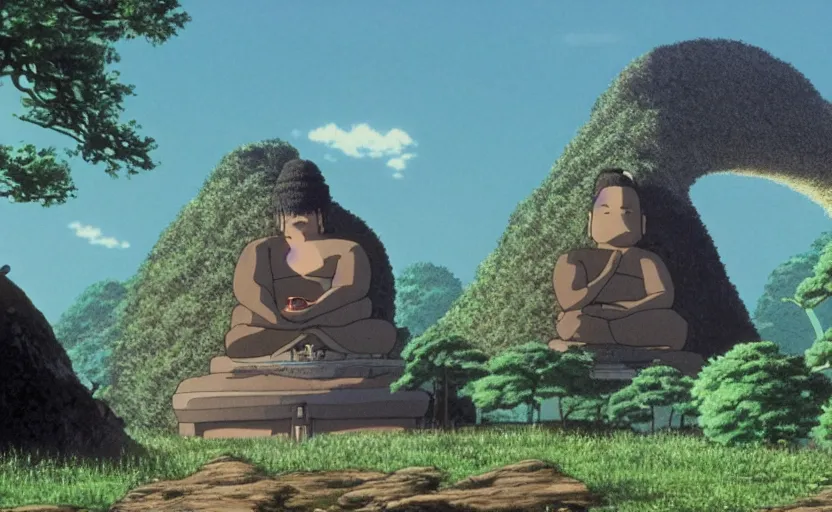 Image similar to movie still from studio ghibli movie showing a highly detailed landscape with a giant buddha walking through a valley. a ufo is in the sky. 1 9 8 0's science fiction, 1 9 7 0's science fiction, misty, depth perception, 4 k