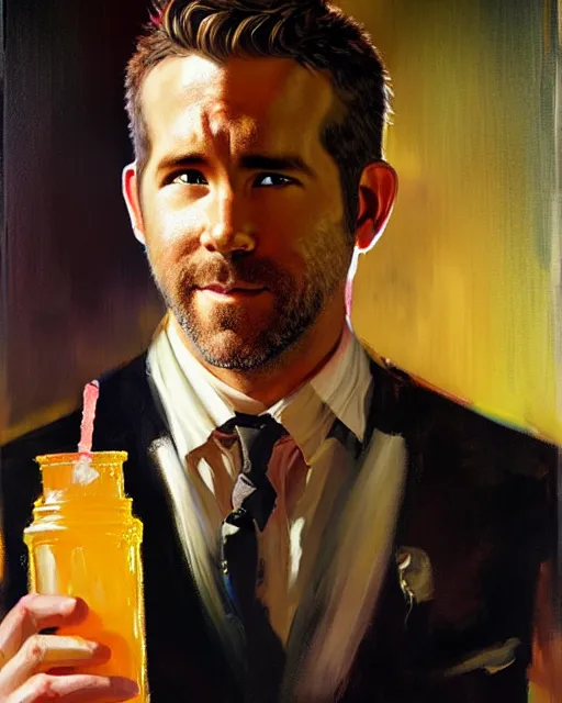 Prompt: ryan reynolds mixing drinks painting by gaston bussiere, craig mullins, j. c. leyendecker, tom of finland