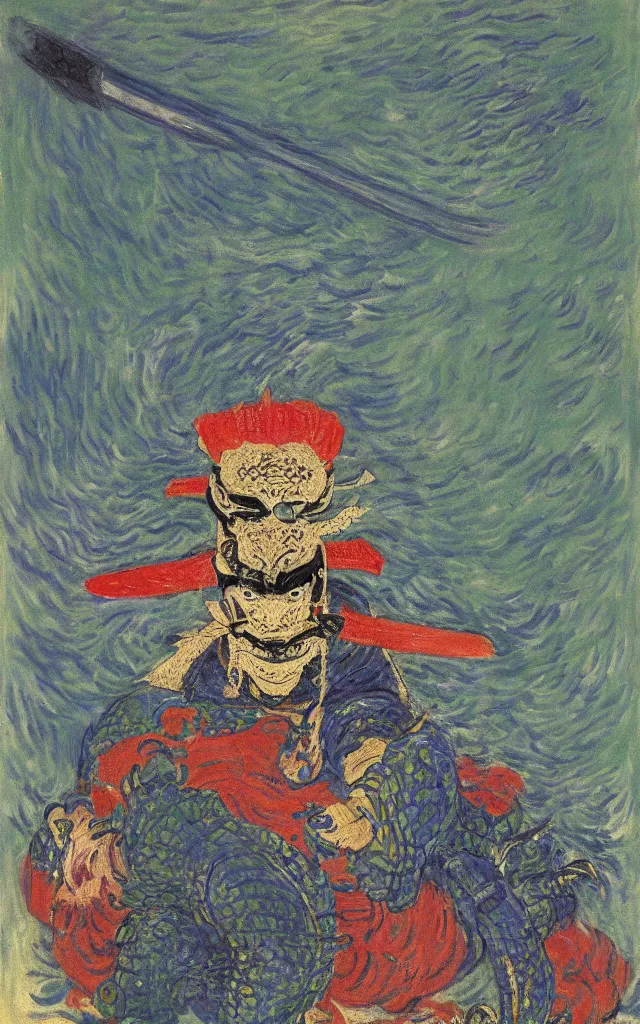 Prompt: a magical fantastic samurai with a crocodile mask, by monet, made with millions of stroke, japanese inspiration, wonderful details, crazy colors 1 0 %, pale sober colors 9 0 %