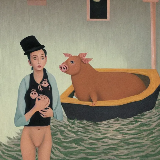 Image similar to tall female emo artist holding a pig in her flooded bathroom, water gushing from ceiling, painting of flood waters inside an artist's bathroom, a river flooding indoors, pomegranates, pigs, ikebana, zen, water, octopus, river, rapids, waterfall, black swans, canoe, berries, acrylic on canvas, surrealist, by magritte and monet