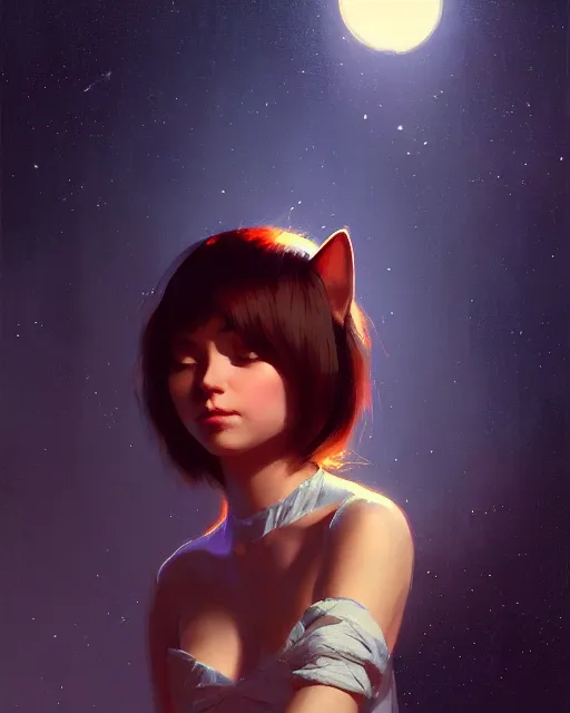 Image similar to a potrait of a space fanstasy cat, fine details. night setting. realistic shaded lighting poster by ilya kuvshinov katsuhiro, artgerm, jeremy lipkin and michael garmash, unreal engine, radiant light, detailed and intricate environment, digital art, trending on art station