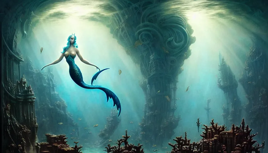 Image similar to a graceful mermaid looking at the sunken city of Atlantis under water, rays of sunlight, stunning undersea intricate detailed grand architecture in the style of Joe Fenton, art style by Greg Rutkowski and Mohrbacher, deep underwater scene, dark and moody, faint volumetric god rays, grim crushing atmosphere, trending on artstation, masterpiece, claustrophobic, sea floor is rocky and full of colorful corals