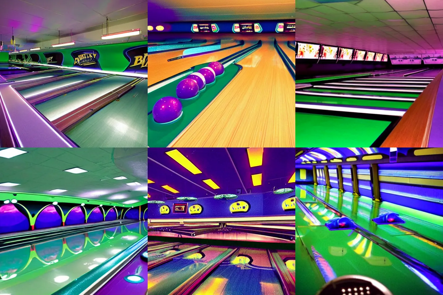 Prompt: a ufo themed bowling alley, green blue and purple color scheme, 1990s