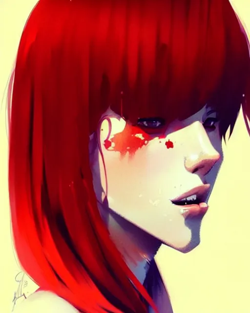 Prompt: a ultradetailed beautiful panting of a stylish woman with red bangs, by conrad roset, greg rutkowski and makoto shinkai, trending on artstation