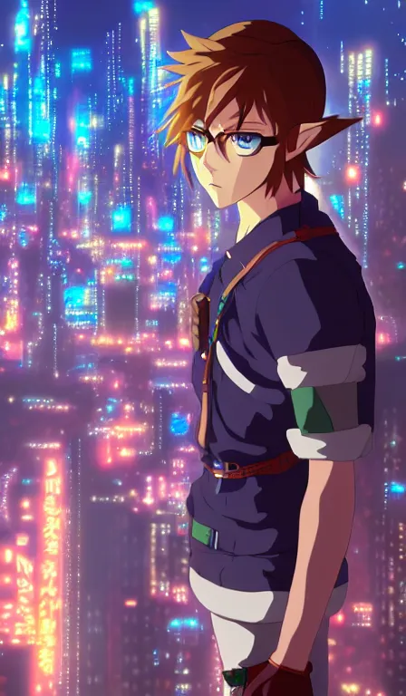 Image similar to anime fine details portrait of Link in front of cyberpunk moder city landscape on the background deep bokeh, close-up view, anime masterpiece by Studio Ghibli. 8k, sharp high quality anime, artstation