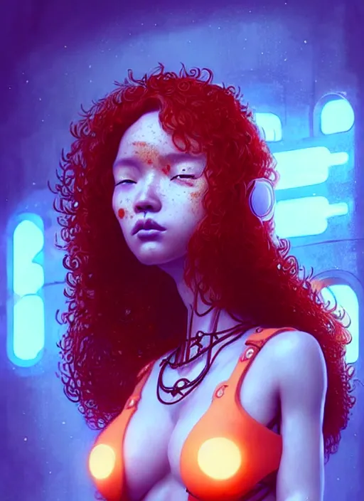 Image similar to an extremely detailed beautiful asian curly redhead female humanoid with freckles, by loish, d & d, fantasy, cyber neon lighting, futurism, intricate futuristic jewelry accessories, cyberpunk orange glossy latex swimsuit, profile posing, perfect anatomy, hyper photorealistic, digital photography, artstation, pinterest, concept art, art by pascal blanche and greg rutkowski,