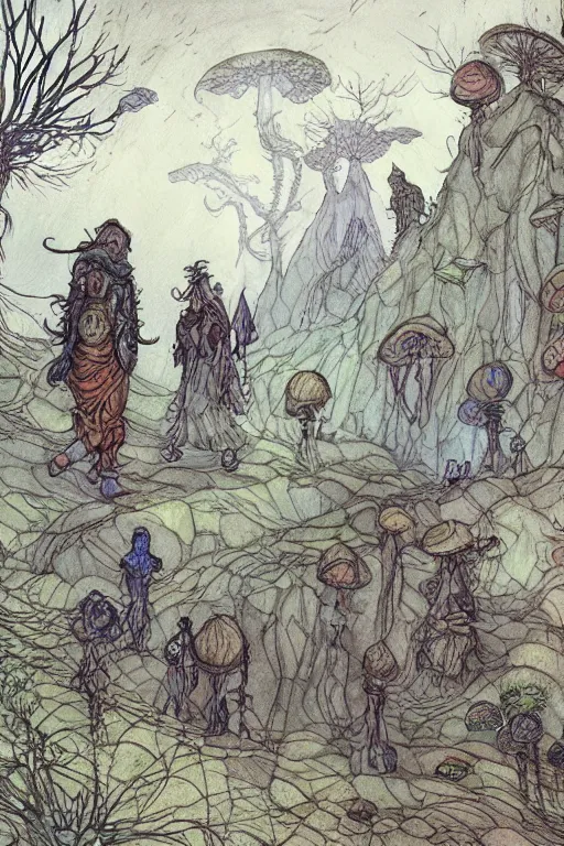 Prompt: group of mushroomfolk merchant nomads walking through a psychedelic landscape, in the style of Greg Broadmore and Arthur Rackham and Moebius, trending on artstation, light lighting side view,digital art,surrealism ,macro,blueprint ,vaporwave ,