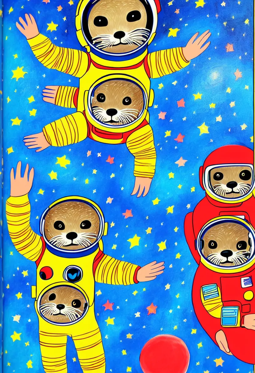 Image similar to children's storybook, detailed guache painting, semi-realistic portrait of an otter in an astronaut space suit floating in outer space.