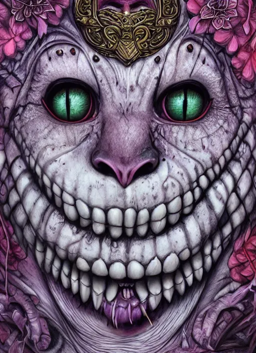 Image similar to cheshire cat, polynesian god, half skull half face, highly detailed, cinematic, 8 k, by megan duncanson, benjamin lacombe, adrian borda, stanley artgermm, tom bagshaw, craig mullins, carne griffiths, ayami kojima, beksinski, giger, trending on deviantart, hyper detailed, horror, full of colour