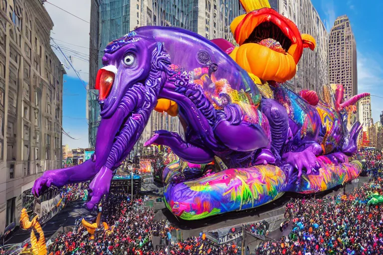 Image similar to photo of giant parade float designed by lisa frank and hr giger in the macys thanksgiving parade, detailed 4 k photo