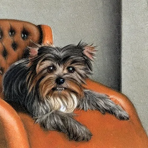 Image similar to an old happy brown and gray Yorkshire terrier dog lounging in a leather chair, long hair, extremely detailed masterpiece, illustration, by Michael Sowa,