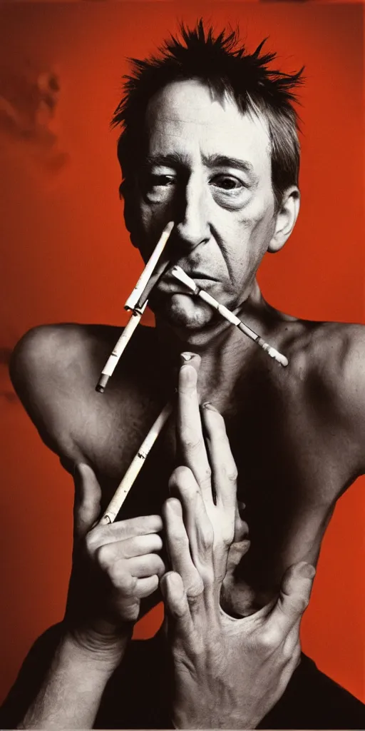 Image similar to award winning photo of john zorn smoking, vivid colors, scary, symmetrical face, beautiful eyes, studio lighting, wide shot art by Sally Mann & Arnold Newman