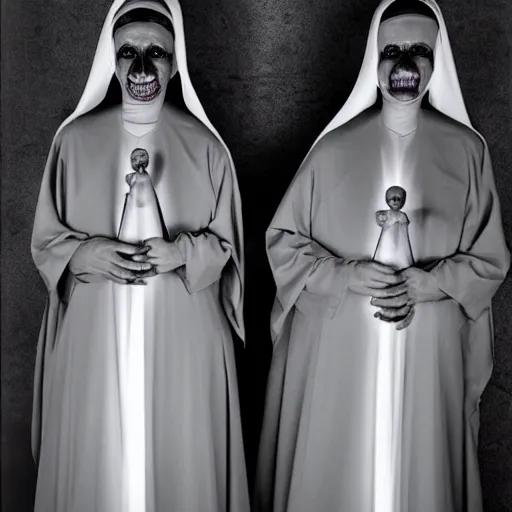 Image similar to award winning photo Floating twin nuns wearing translucent habits Very long arms, smiling, in a sanctuary, eerie, frightening, glowing eyes —width 1024 —height 1024