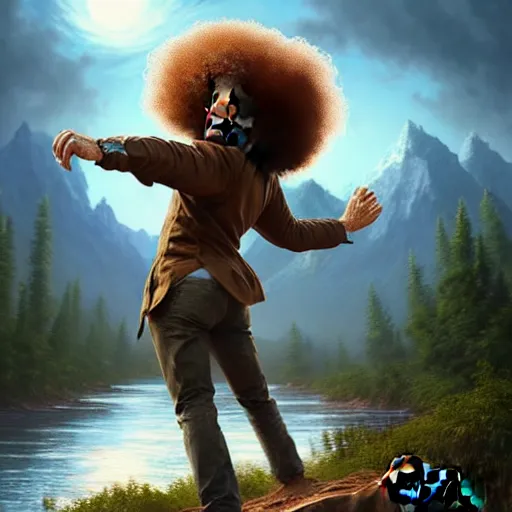 Image similar to bob ross!!! riding!!! a dinosaur!!, giant afro!, model pose, ultra realistic, concept art, intricate details, highly detailed, photorealistic, octane render, 8 k, unreal engine. art by artgerm and greg rutkowski and alphonse mucha