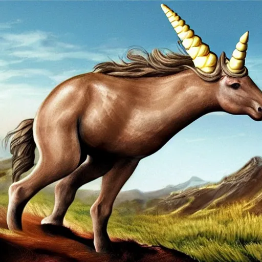 Prompt: one of the worst fossil reconstructions in human history a really long unicorn horn