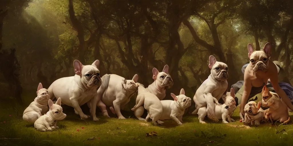 Image similar to a family of french bulldogs, mythology, extremely detailed digital painting, in the style of jheronimus bosch and ruan jia and jeremy lipking and peter mohrbacher, mystical colors, edge light, beautiful lighting, 4 k, stunning scene, ray tracing, octane, trending on artstation