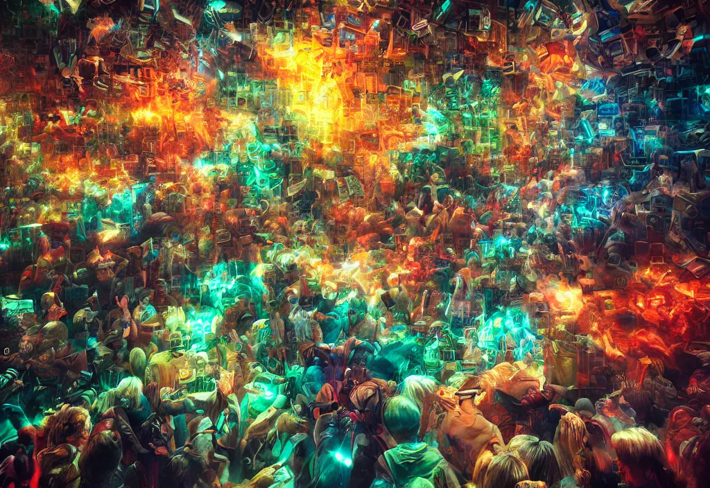 Image similar to cinematic shot epic hall of creatives, walls of large moving images, hyper realistic, mood lighting, fantasy, detailed people creating colorful diverse art, highly detailed, super realistic, perfect lighting pixel sorting, style sheet