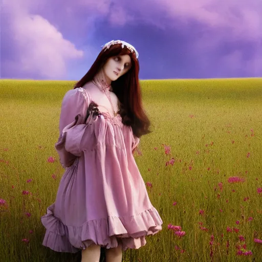Prompt: 8 k, octane render, realism, tonalism, renaissance, rococo, baroque, cotton candy, portrait of a creepy young lady wearing long 1 9 7 0 s bohemian babydoll dress standing in a field of grass, flowers