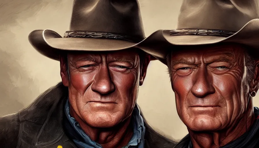 Image similar to Digital painting of John Wayne and Clint Eastwood, hyperdetailed, artstation, cgsociety, 8k