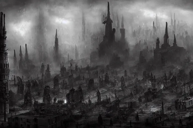 Image similar to Digital art, trending on Artstation, imperial russian warhammer 40k citadel black domes and tall radio spires, Dark and rainy mega city with towering walls built to block the migrants of the coming climate change migrant crisis showing piles of hundred bodies outside to maintain a quality of life for those who can survive the severe and deadly weather patterns observing small children targeted by advanced military style drones, dystopian, pbr render, concept art illustration, tilt shift background, wide depth of field, 8k, 35mm film grain