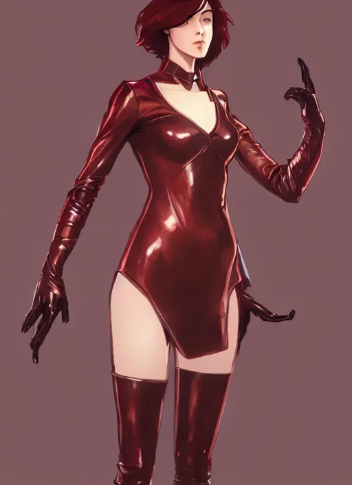 Image similar to concept art of a pretty young woman with shoulder length shiny shimmering dark red hair and wearing leather suit, concept art, t - pose, full body, path traced, highly detailed, high quality, digital painting, by studio ghibli and alphonse mucha, leesha hannigan, makoto shinkai, disney