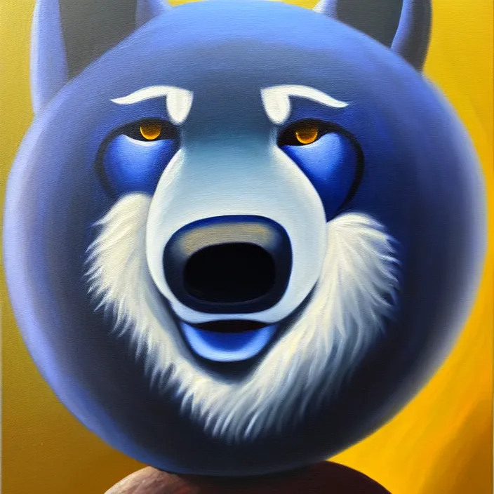 Prompt: a painting of a spherical indigo anthropomorphic male wolf, fursona, furry, round, cute, oil on canvas, soft textures