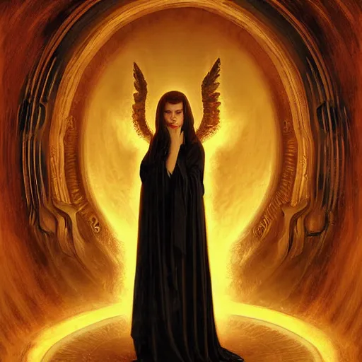 Image similar to angel standing in the front of gates of hell. angel is holdind large 6 of spades card. digital painting. art station. mood lighting. skindness, highly detailed, concept art, intricate, sharp focus, einar jonsson and bouguereau - h 1 2 0 0