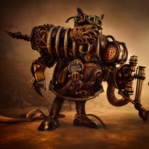 Image similar to rat warrior with steampunk goggles, clockwork, octane render, epic, cinematic, psychedelic, lsd, by ruan jia