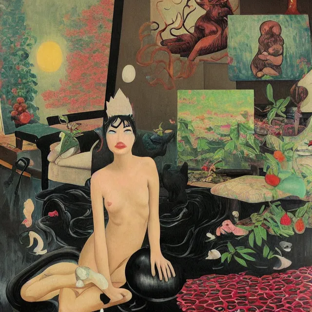 Prompt: emo catgirl artist in her flooded lounge room, painting of flood waters inside an artist's loungeroom, a river flooding indoors, pomegranates, pigs, ikebana, zen, water, octopus, river, rapids, waterfall, black swans, canoe, berries, acrylic on canvas, surrealist, by magritte and monet