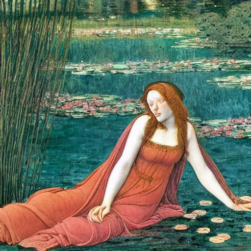 Image similar to ophelia, laying flat submerged in water floating down the river amongst the reeds, fully covered in robes and lake foliage weeds reeds fully clothed in flowing medieval robes, by botticelli devinci rosetti and monet, 8 k