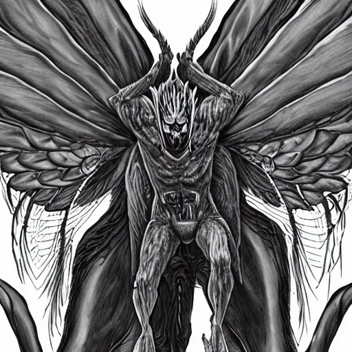 Image similar to 4K headshot of mothman with defined arms and open hands and bloody victims with giant wings , intricate face , flawless anime cel animation by Kentaro Miura,psychedelic , highly detailed upper body , professionally post-processed , beautiful, scary, symmetry accurate features, epic, octane rendered, anime masterpiece, accurate