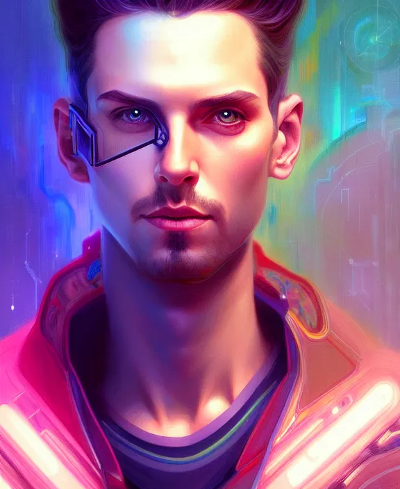 Image similar to a whirlwind inside the metaverse, guy, male, man, hologram, half body, neurochip, android, cyborg, cyberpunk face, by loish, d & d, fantasy, intricate, elegant, highly detailed, colorful, digital painting, artstation, concept art, art by artgerm and greg rutkowski and alphonse mucha