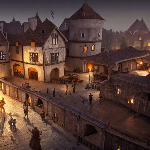 Prompt: a friendly medieval town, at evening, extreme wide angle shot, Long shot, hyper realistic, hyper detailed, realistic picture, epic game, Complex massive detail, octane render