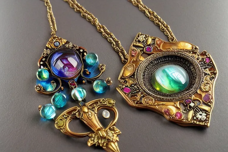 Image similar to highly detailed oil painting, very realistic gemstones, symmetrical, art nouveau, ornate, delicate, brilliant colors of the sea gemstone necklace, dramatic light,