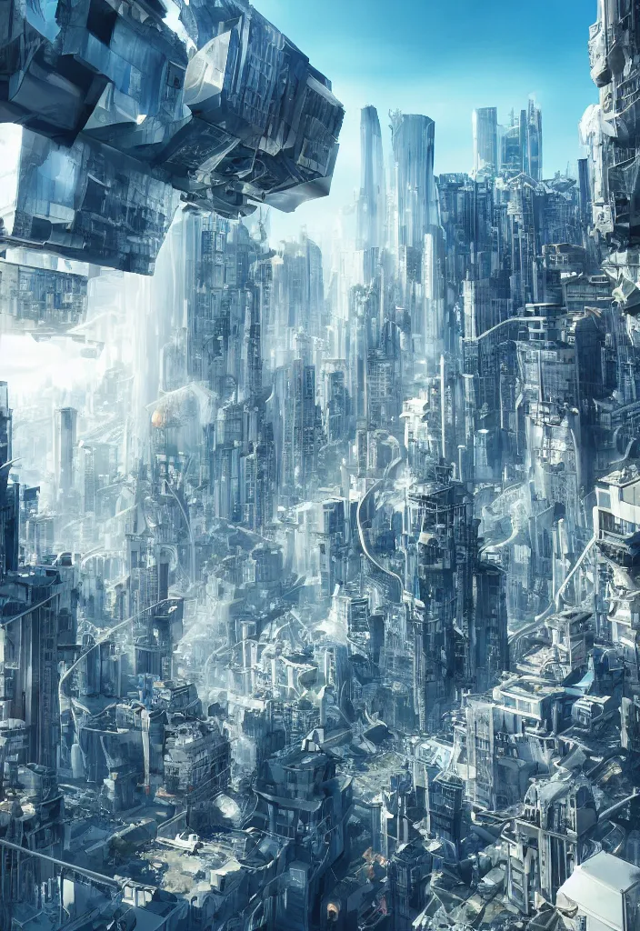 Prompt: multiple people diving down from buildings, futuristic city, street view, detailed, hyper realistic, dramatic