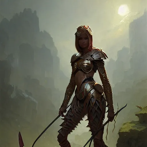 Image similar to a girl in insect - armor, holds a spear, by greg rutkowski, magic the gathering, highly detailed, 4 k